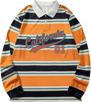 Floerns Men's Striped Print Long Sleeve Shirts Sports Golf Rugby Shirts Top
