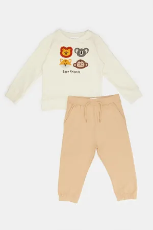 Infant Boys Cream And Beige Jogging Suit (2 Piece)