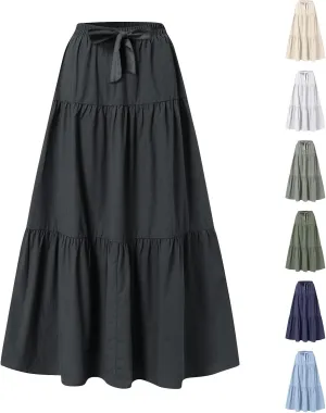Linen Maxi Skirts for Women 2025 Summer Bow Elastic Waist A Line Tiered Boho Skirt Vacation Beach Long Pleated Skirt