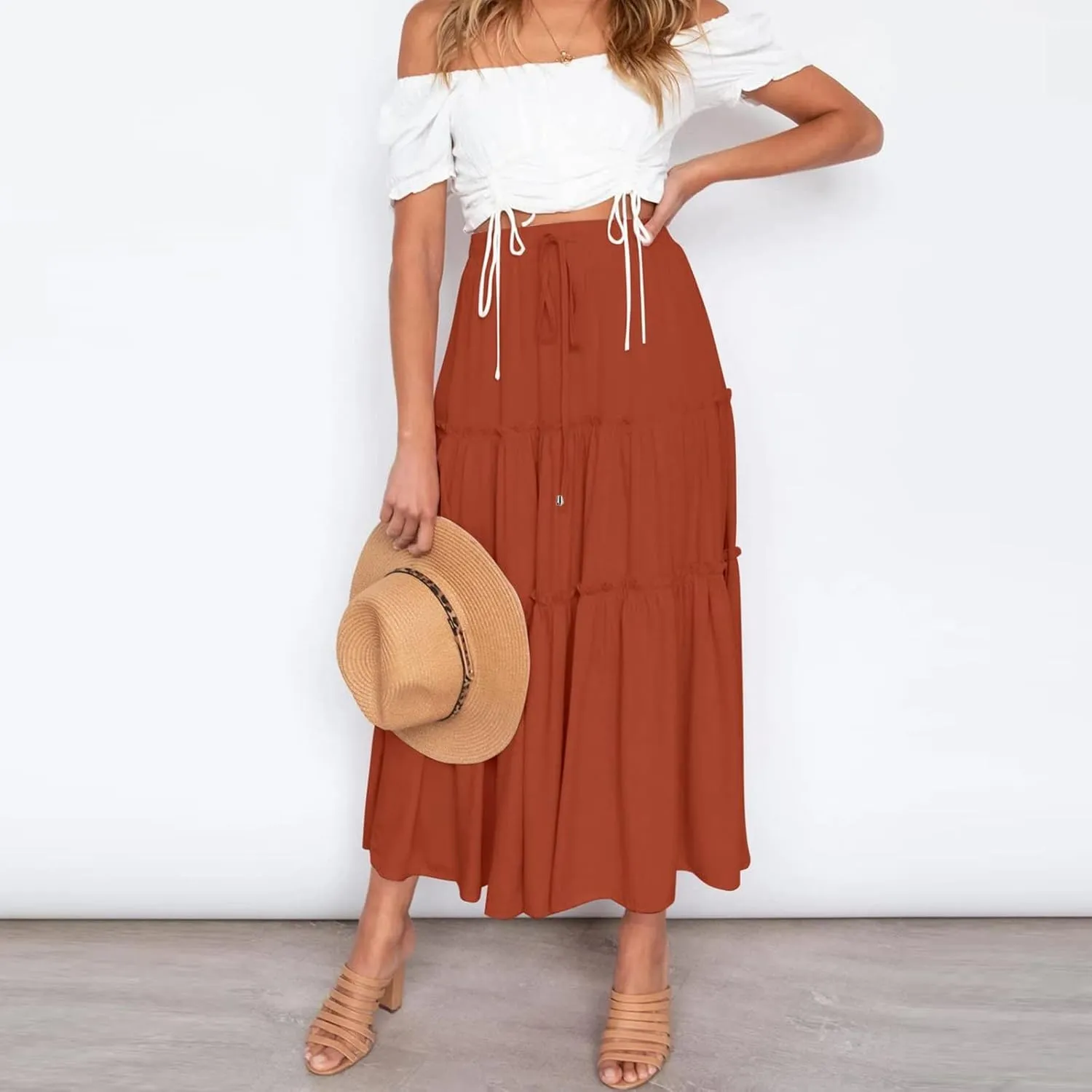 Long Flowy Skirts for Women Summer 2025 Pleated A Line Causal Boho Skirt High Waisted Tiered Swing Maxi Long Skort Dress