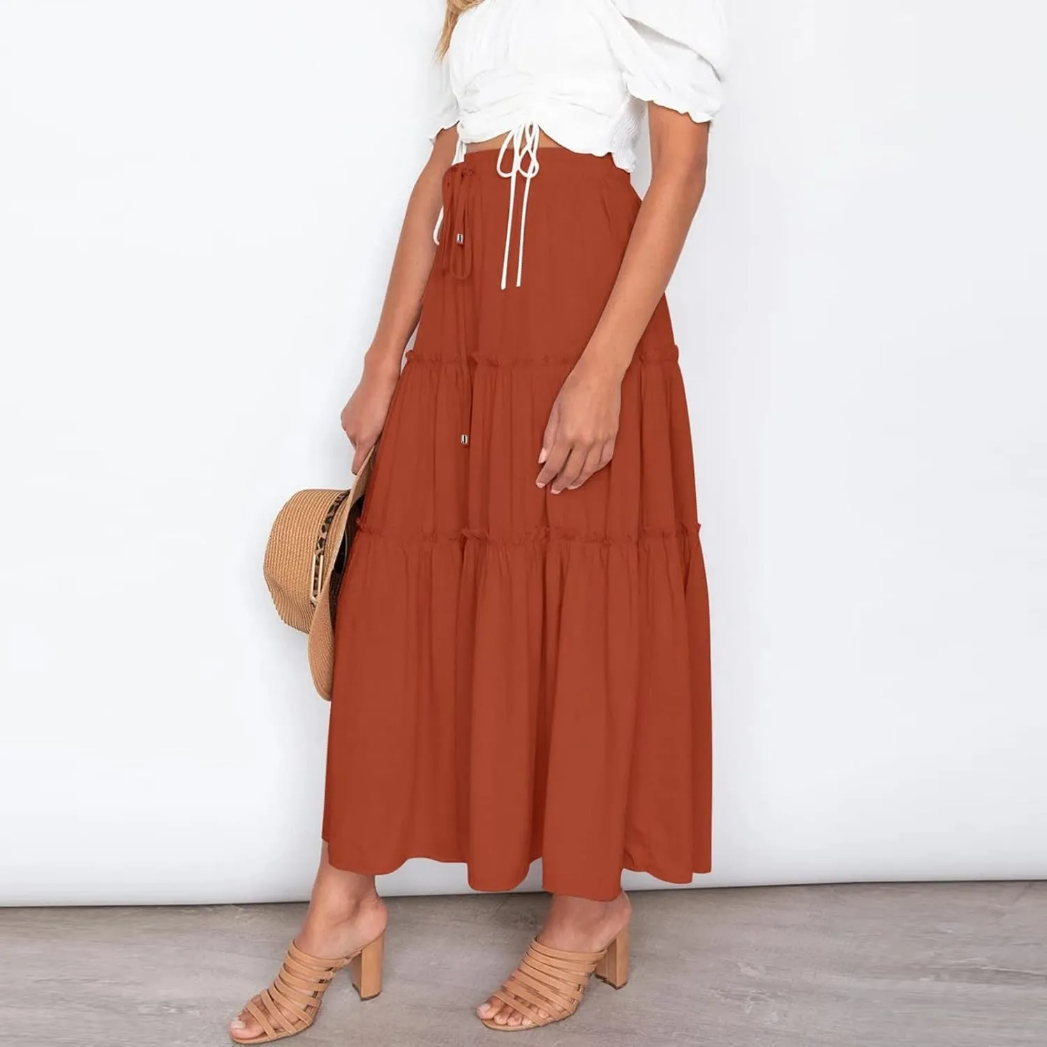 Long Flowy Skirts for Women Summer 2025 Pleated A Line Causal Boho Skirt High Waisted Tiered Swing Maxi Long Skort Dress