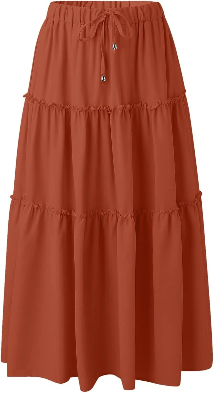 Long Flowy Skirts for Women Summer 2025 Pleated A Line Causal Boho Skirt High Waisted Tiered Swing Maxi Long Skort Dress