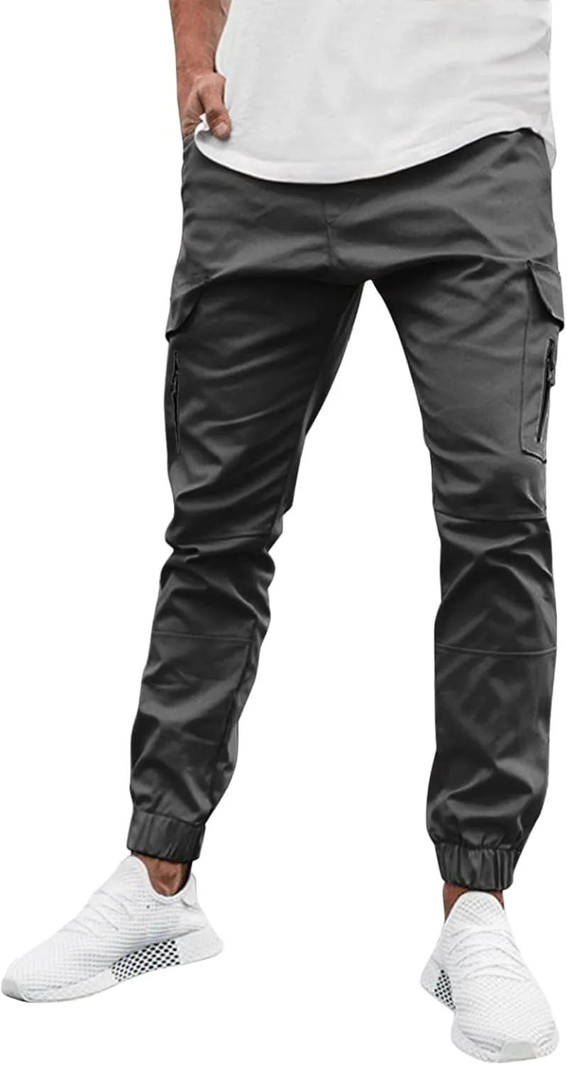 Mens Cargo Pants Stretch Zip Casual Stylish Lightweight Slim Fit Solid Pants Outdoor Sports Yoga Trousers with Pockets