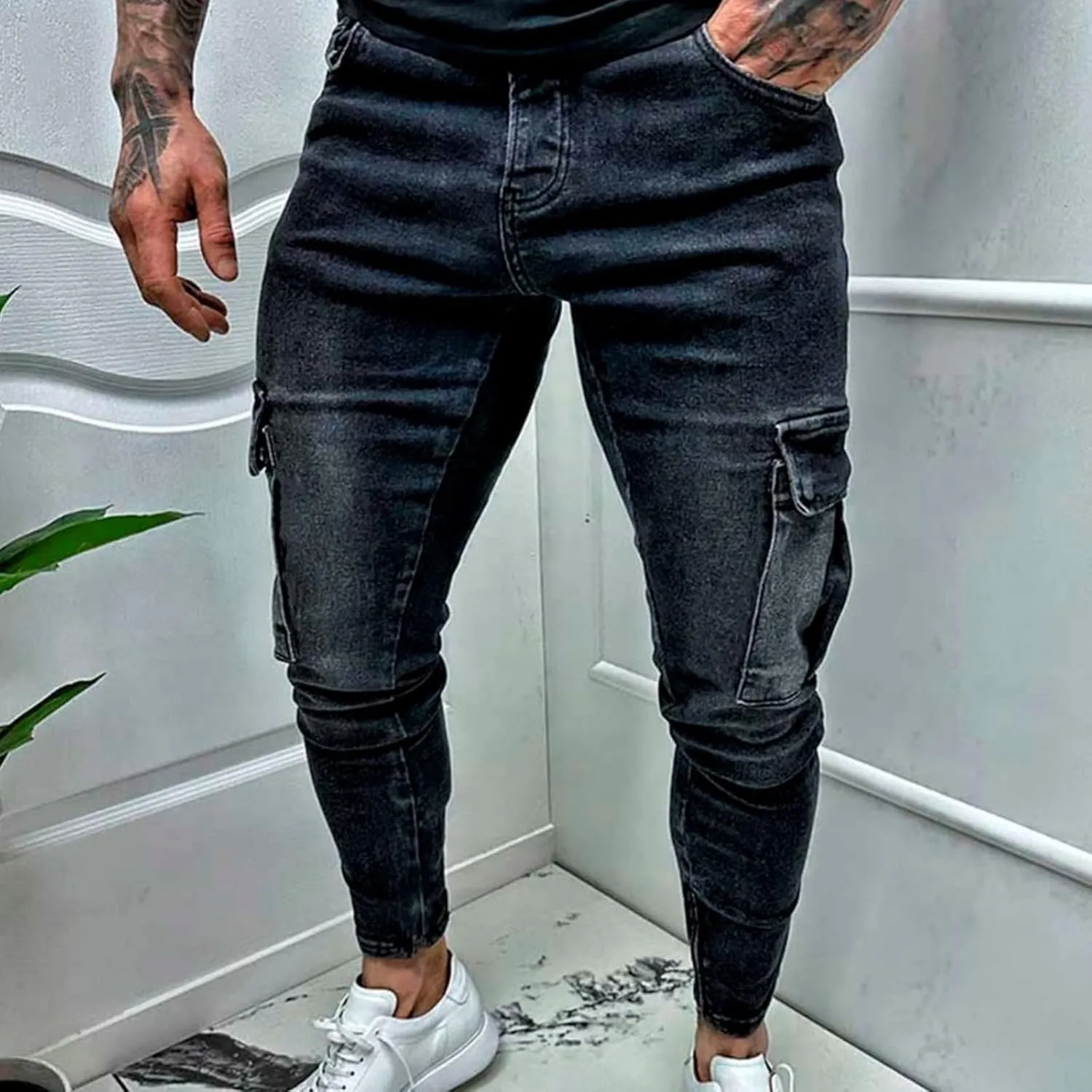 Men's Jeans Pants Fashion Multi-Pockets Loose Comfy Y2k Denim Trouser Stretch Slim Fit Comfy Cargo Sweatpant