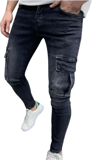 Men's Jeans Pants Fashion Multi-Pockets Loose Comfy Y2k Denim Trouser Stretch Slim Fit Comfy Cargo Sweatpant