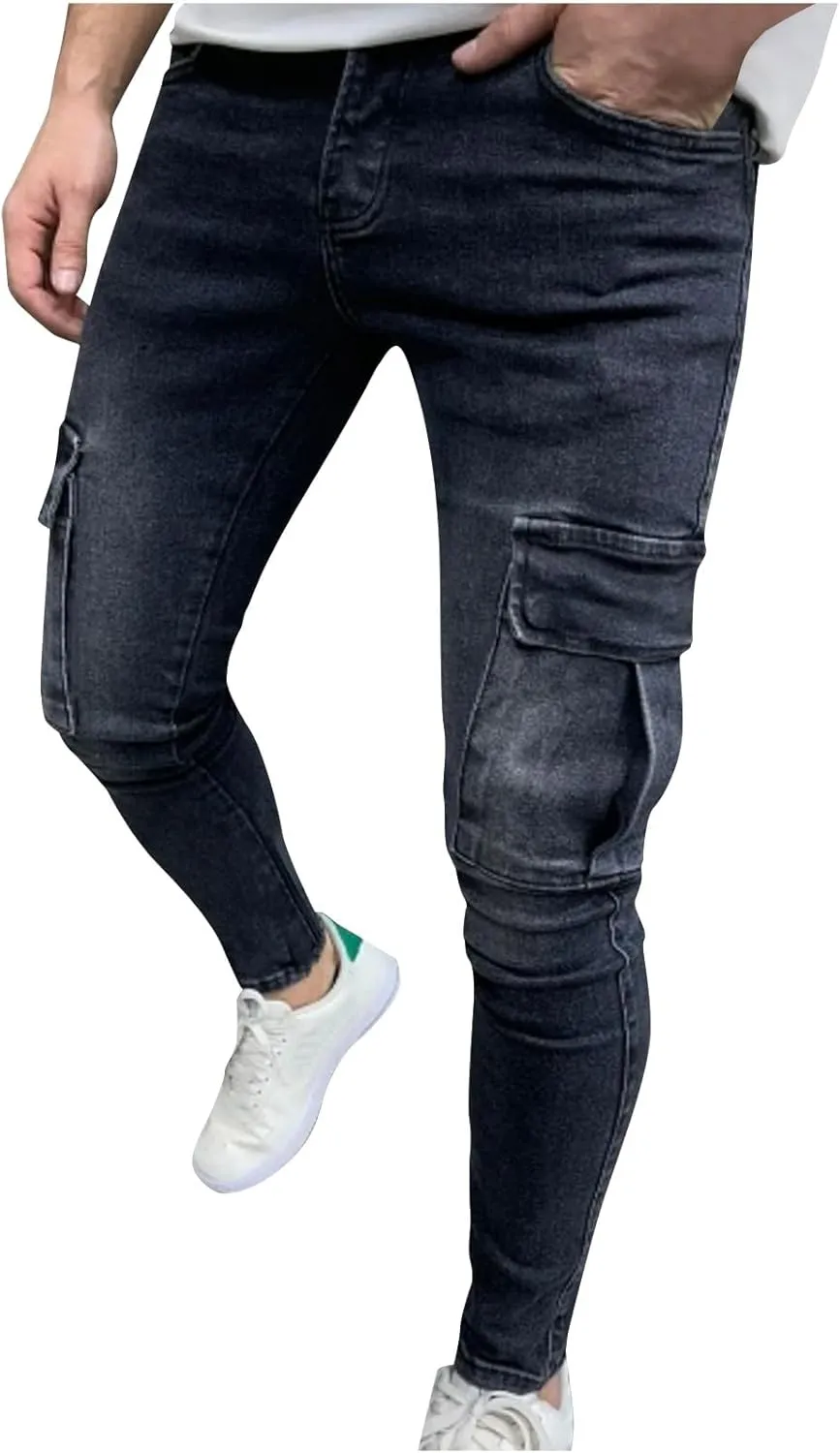 Men's Jeans Pants Fashion Multi-Pockets Loose Comfy Y2k Denim Trouser Stretch Slim Fit Comfy Cargo Sweatpant