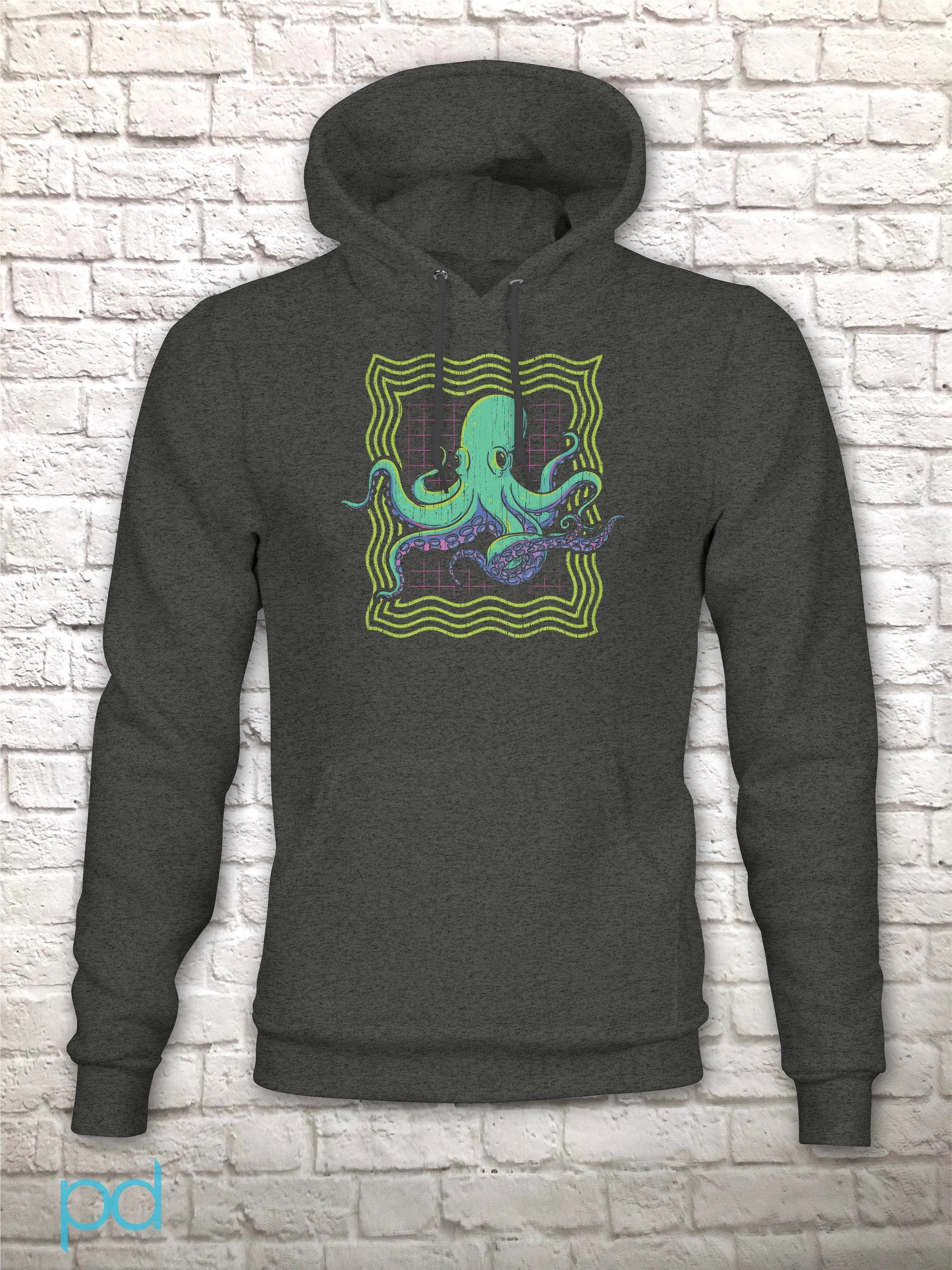 Neon Octopus Hoodie, Retro 80s Disco Gift Graphic Print Hooded Sweatshirt Top