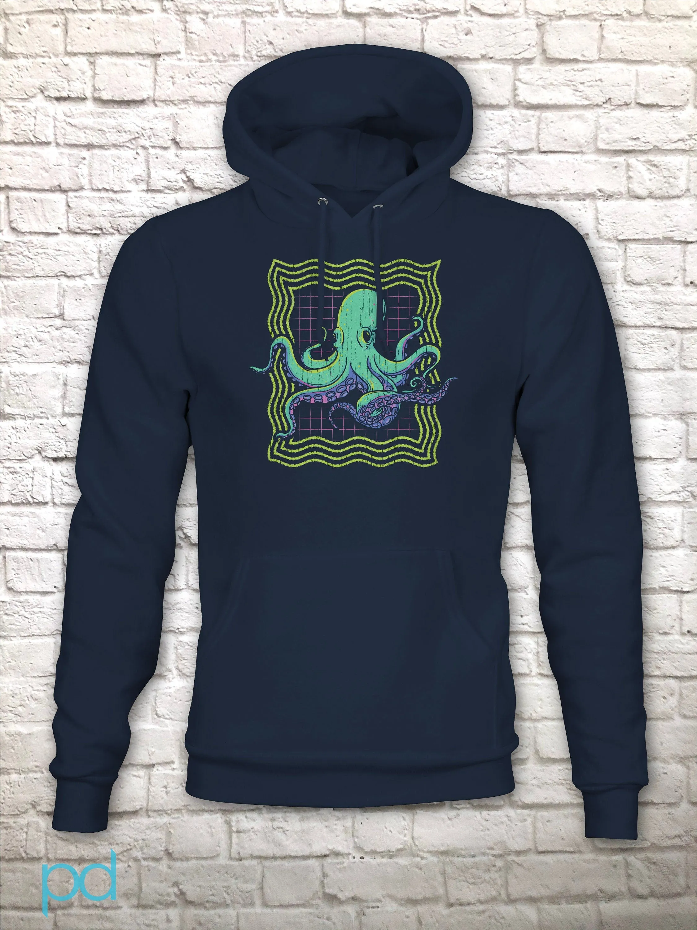 Neon Octopus Hoodie, Retro 80s Disco Gift Graphic Print Hooded Sweatshirt Top