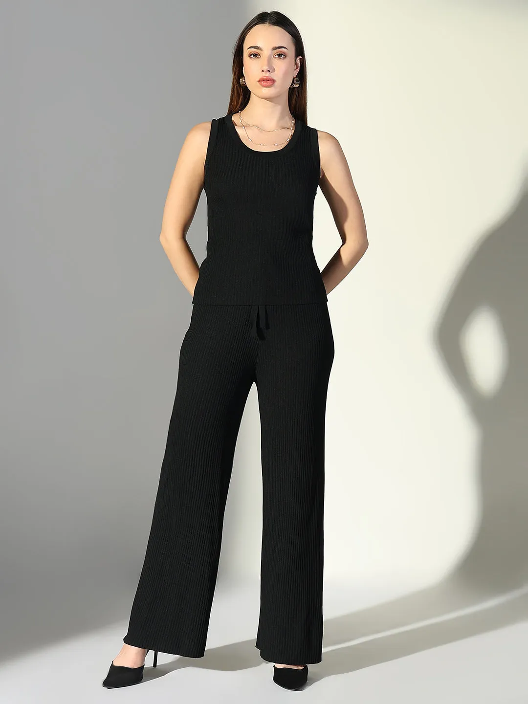 SHOWOFFFF Edition Women's Ribbed Black Tank Top with Pants Co-Ords Set