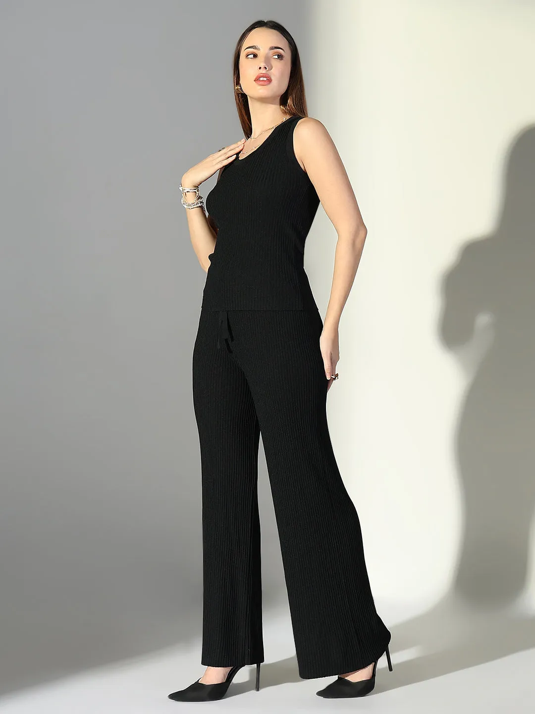 SHOWOFFFF Edition Women's Ribbed Black Tank Top with Pants Co-Ords Set