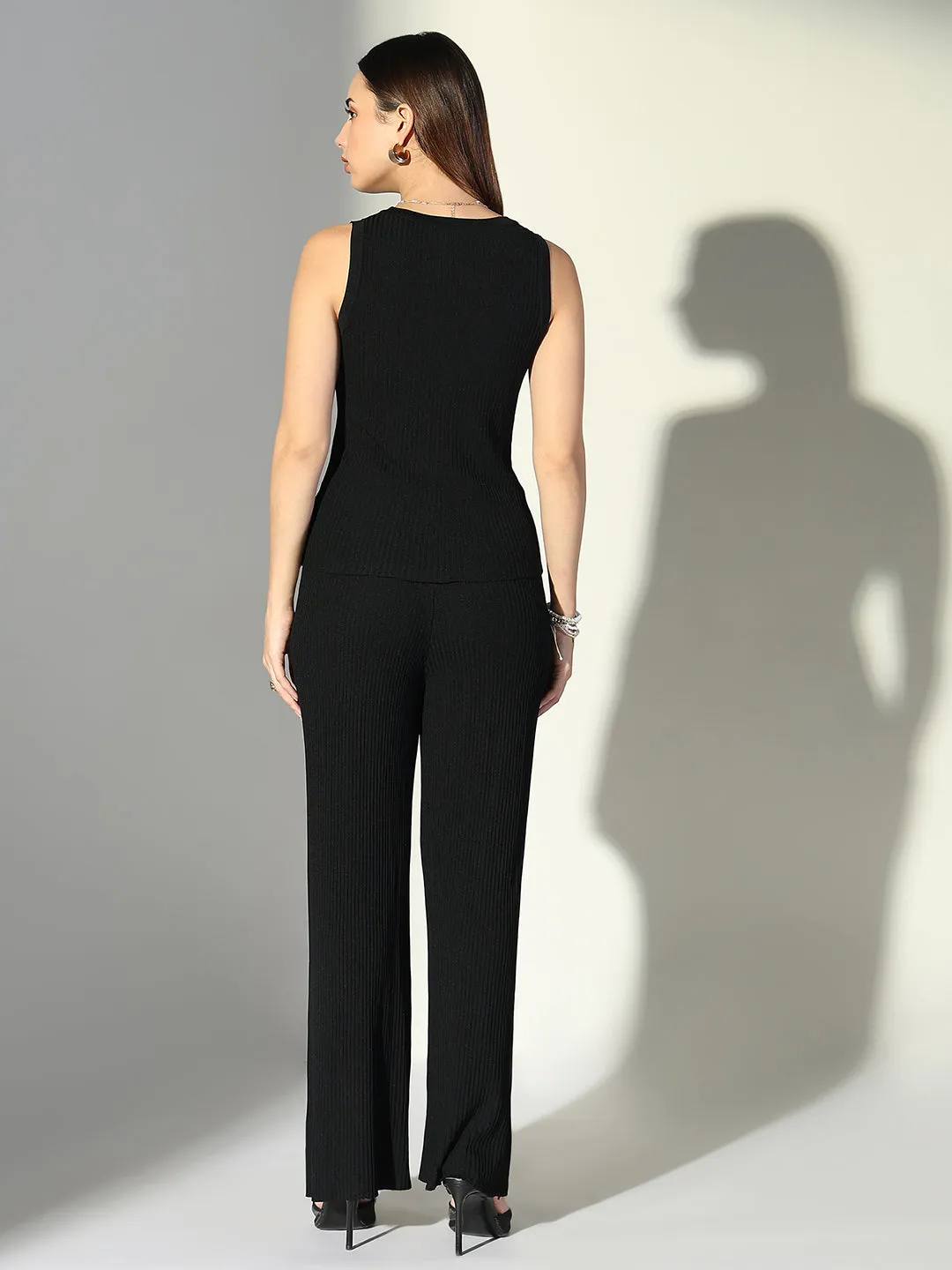 SHOWOFFFF Edition Women's Ribbed Black Tank Top with Pants Co-Ords Set
