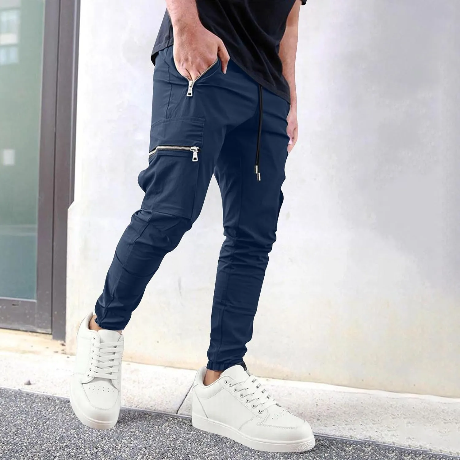 Sinzelimin Men Cargo Pants Fashion Drawstring Zipper Pockets Workwear Fishing Trouser Stretch Slim Fit Full Length Sweatpant