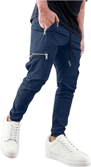 Sinzelimin Men Cargo Pants Fashion Drawstring Zipper Pockets Workwear Fishing Trouser Stretch Slim Fit Full Length Sweatpant