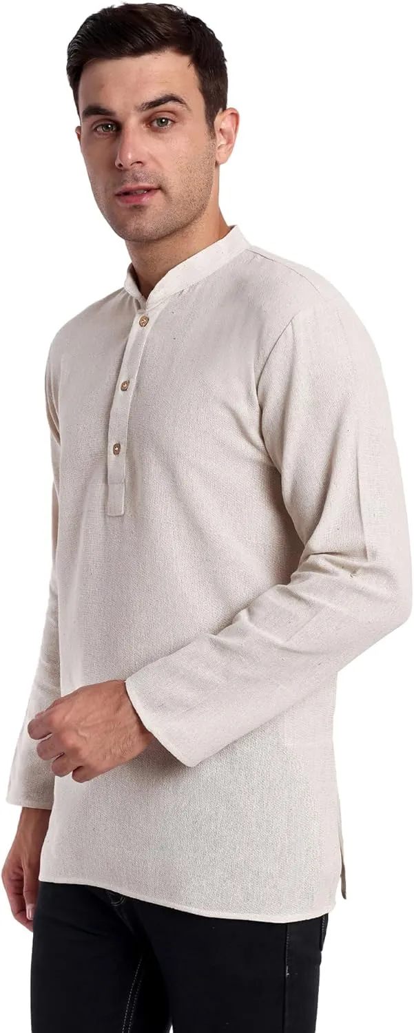 SKAVIJ Men's Handloom Cotton Solid Kurta Mandarin Collar Straight Regular Henley Shirt