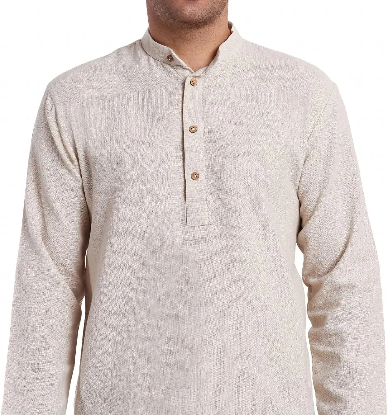 SKAVIJ Men's Handloom Cotton Solid Kurta Mandarin Collar Straight Regular Henley Shirt