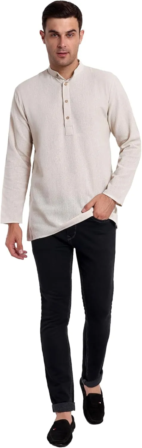 SKAVIJ Men's Handloom Cotton Solid Kurta Mandarin Collar Straight Regular Henley Shirt