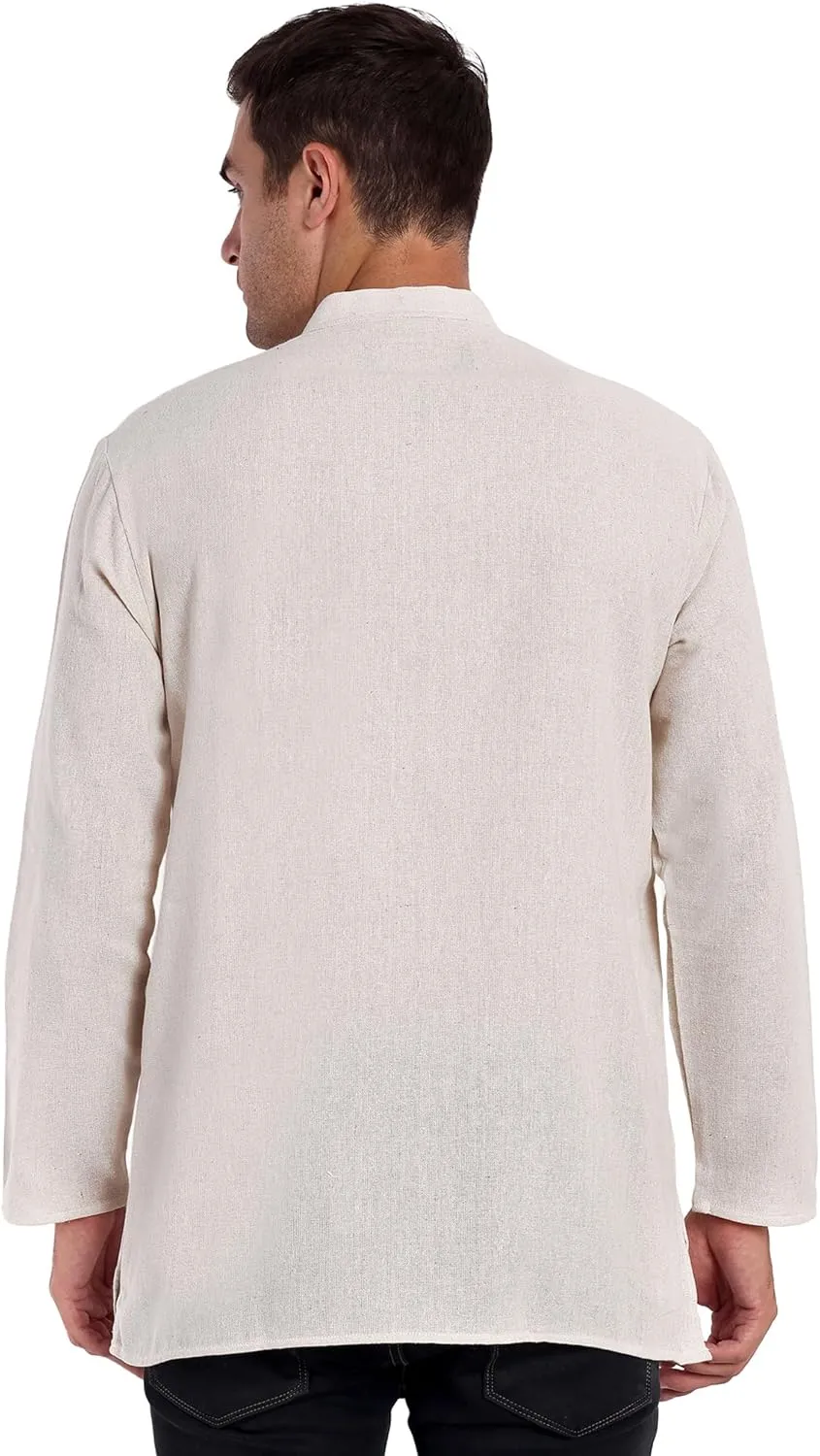 SKAVIJ Men's Handloom Cotton Solid Kurta Mandarin Collar Straight Regular Henley Shirt
