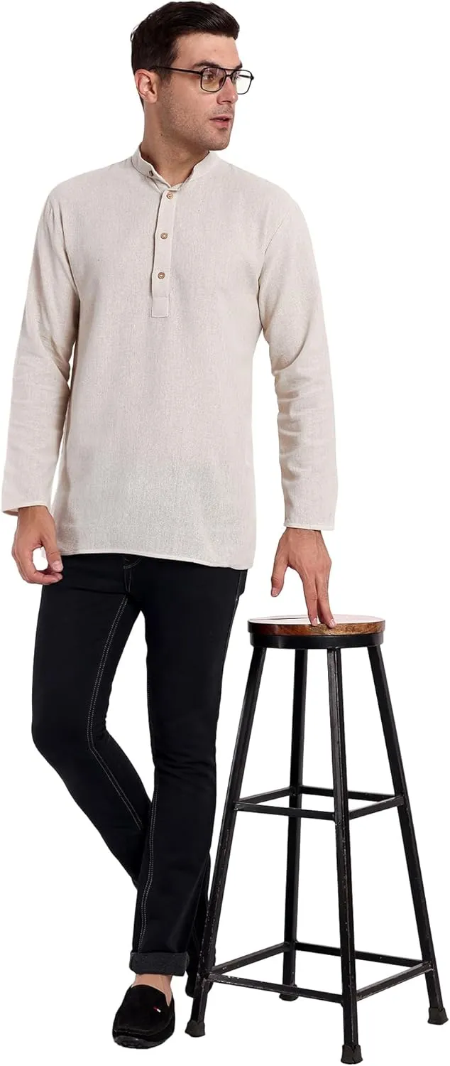 SKAVIJ Men's Handloom Cotton Solid Kurta Mandarin Collar Straight Regular Henley Shirt