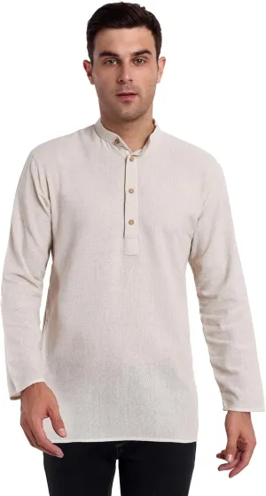 SKAVIJ Men's Handloom Cotton Solid Kurta Mandarin Collar Straight Regular Henley Shirt