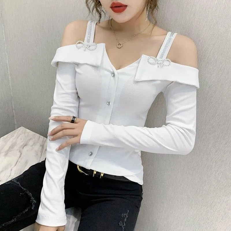 Women Elegant Slim Cut Off The shoulder Rhinestones Design Tops