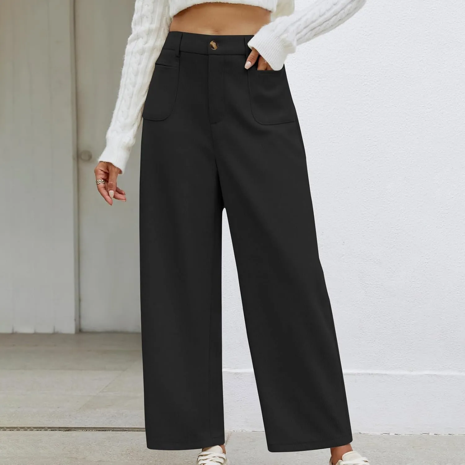 Women's Corduroy Pants High Waist Straight Leg Pant Casual Elastic Waist Sweatpants Stretchy Loose Wide Leg Trousers