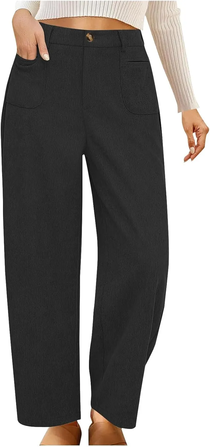 Women's Corduroy Pants High Waist Straight Leg Pant Casual Elastic Waist Sweatpants Stretchy Loose Wide Leg Trousers