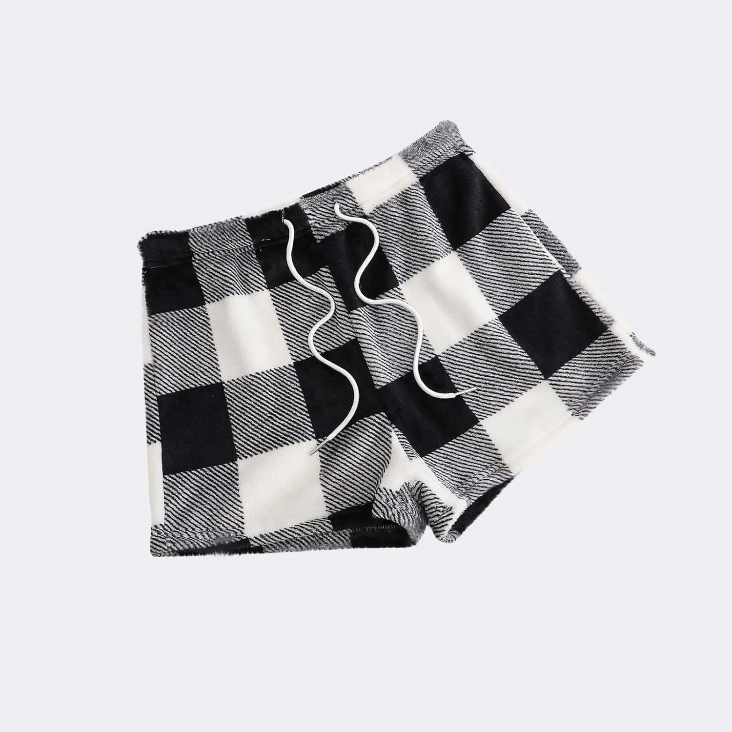Women's Flannel Shorts Fashion Plaid Printed Lace up Waist Plush Sleepwear Bottoms Loose Casual Pajamas Short Pant