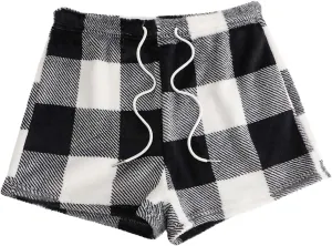 Women's Flannel Shorts Fashion Plaid Printed Lace up Waist Plush Sleepwear Bottoms Loose Casual Pajamas Short Pant