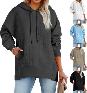 Women's Oversized Hoodies Fall Casual Quilted Long Sleeve Drawstring Hooded Sweatshirts Pullover Tops with Pocket