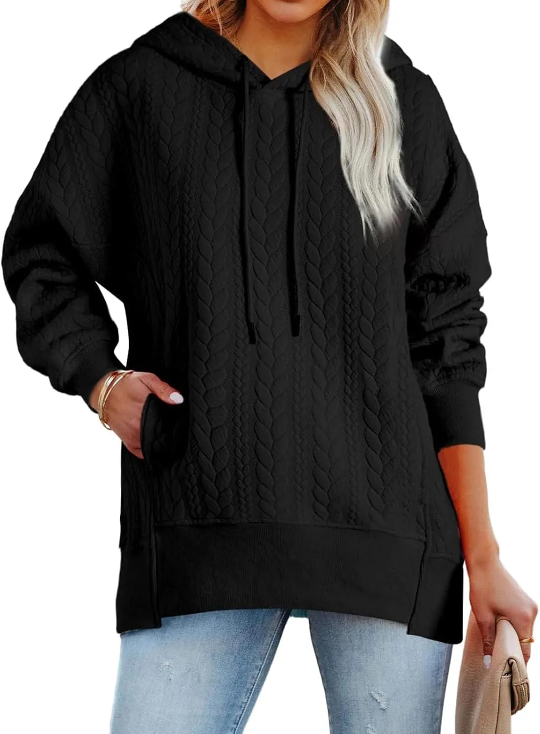 Women's Oversized Hoodies Fall Casual Quilted Long Sleeve Drawstring Hooded Sweatshirts Pullover Tops with Pocket