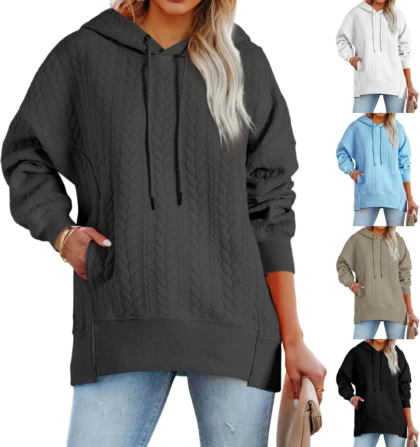 Women's Oversized Hoodies Fall Casual Quilted Long Sleeve Drawstring Hooded Sweatshirts Pullover Tops with Pocket