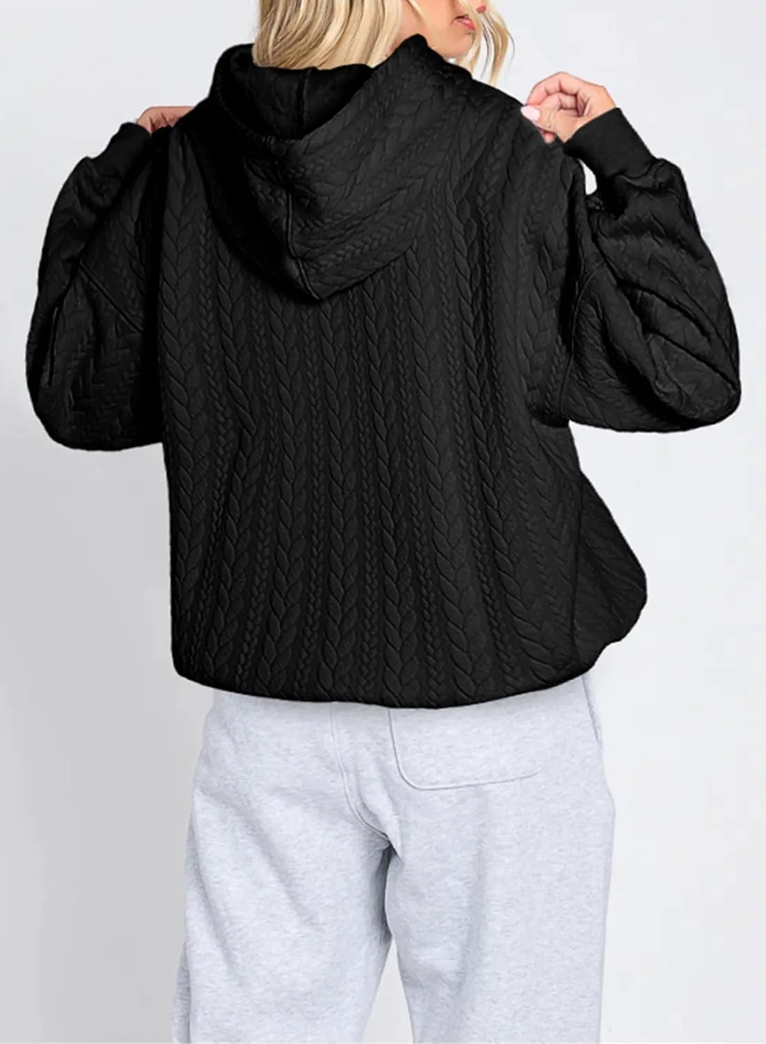 Women's Oversized Hoodies Fall Casual Quilted Long Sleeve Drawstring Hooded Sweatshirts Pullover Tops with Pocket