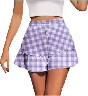 Womens Plaid Shorts Summer Button High Waisted Ruffle Hem Skorts Short Pants Casual Trendy Loose Fit Vacation Shorts